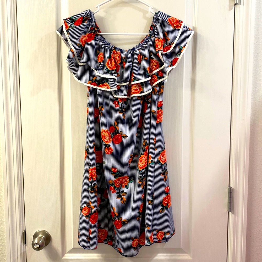 Blue and white striped floral dress